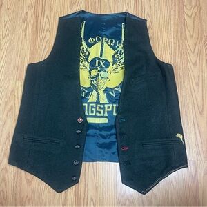 Graphic Lined Vest Charcoal Black Vintage Wool With Skull Graphic Lining